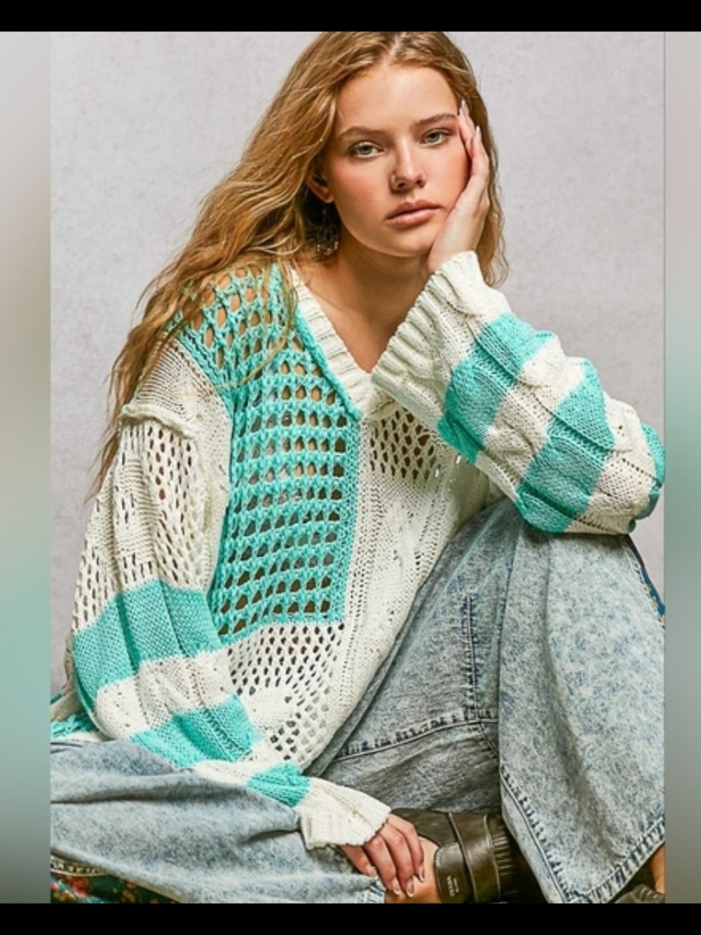 POL Open-Knit V-Neck Sweater in Cream and Mint